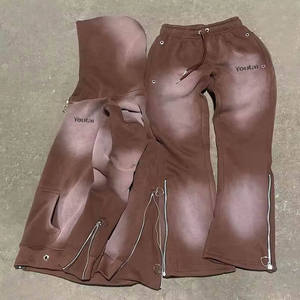 Conjunto de pantalones de chándal acampanados con capucha y lavado ácido desgastado para correr personalizados unisex, chándal en blanco con bordado de algodón de gran tamaño - Product Image 6