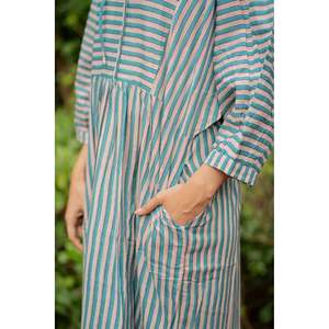 Cotton Midi <b>Dress</b> Stripe Hand Block Print Breathable <b>Boho</b> <b>Summer</b> Sundress Pockets Artisan Style Beach Vacation Wear for - Product Image 4
