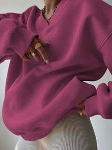 Rose col en V surdimensionné sweat femmes épais coton polaire pull coupe ample goutte épaule décontracté hiver Streetwear Logo personnalisé - Product Image 5