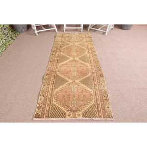 Turkish Rug, 3x8.3 ft Runner Rug, <b>Brown</b> Check <b>Wool</b> Vintage Rug - Product Image 1