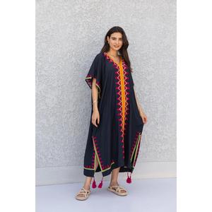 Kaftan attrayant en tissu 100% rayonne bleu marine foncé 2026, manches courtes, brodé, taille plus, ample, pour femmes - Product Image 1