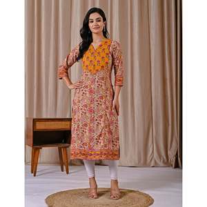 <b>Beige</b> Block-Printed Cotton Jaal Straight Kurti Breathable Woven Fabric 100% Cotton Material - Product Image 4