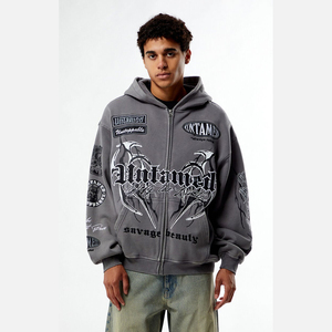 Sweat à capuche personnalisé OEM pour hommes, poids lourd, coupe carrée, 500 g/m², 100% coton, fermeture éclair, impression complète, logo personnalisé pour l'hiver - Product Image 5