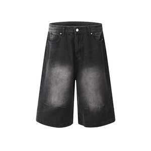 Short en jean vintage délavé à l'acide avec strass pour hommes, streetwear style hip hop baggy et droit pour l'été - Product Image 1