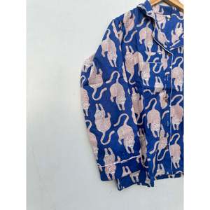 Women's Blue Animal Print Cotton Pajama Set Long Sleeve Turn-<b>Down</b> Collar Drawstring <b>Pants</b> Soft Woven Casual Sleepwear - Product Image 4