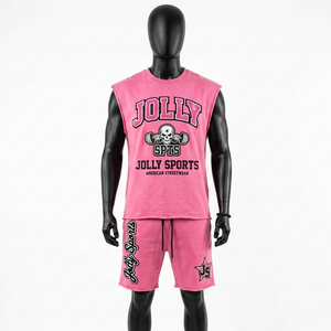 Ensemble short et t-shirt sans manches pour homme, en molleton de coton 270 GSM, motif imprimé rose en relief - Product Image 1