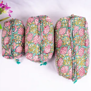 Bolsa de maquillaje con estampado de bloques para mujer, bolsa de cosméticos de algodón hecha a mano india, neceser acolchado multicolor, venta al por mayor