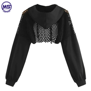 <b>Black</b> Hoodies for Women 2022 Hollow Out Crop <b>Tops</b> Mesh Patchwork Short Sweatshirt <b>Long</b> Sleeve Autumn Crop <b>Tops</b> Hoodies - Product Image 2