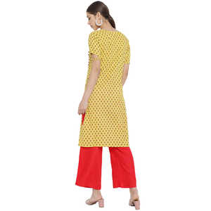 Conjunto de Kurta Palazzo recto de algodón con estampado floral y rayón amarillo y rojo para mujer SMLXLXXL - Product Image 1