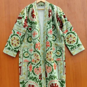 Cotton Suzani Embroidery Long Kimono, Women Boho Robe, Wrap House Coat Ethnic Boho Fashion Vintage