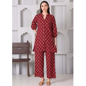 Premium Cotton Knitted Floral <b>Summer</b> Short Slit Button Kurti Palazzo Co-Ord Set Women One Set | Breathable | Casual Ethnic Wear - Product Image 1