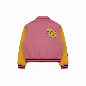 Veste universitaire en mélange de laine avec manches en cuir PU souple, veste universitaire en chenille à logo personnalisé jaune rose pour hommes - Product Image 2