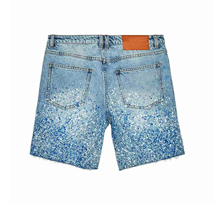 Verano 100% algodón personalizado hombres Jeans Shorts Streetwear suelta holgada Vintage lavado Rhinestone Jeans Shorts para hombres - Product Image 2
