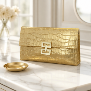 Bolso de mano tipo sobre con estampado de cocodrilo dorado, bolso de noche de lujo para mujer con cierre metálico - Product Image 2