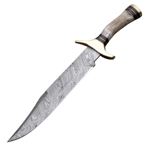 Cuchillo Bowie Hecho a Mano, Hoja de Acero de Damasco, Mango de Cuerno, Refuerzo de Latón, con Funda de Cuero, Cuchillos de Supervivencia. - Product Image 1