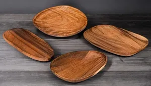 Plateau de service ovale irrégulier en bois massif d'acacia assiette à dîner en bois naturel plat de fruits thé café porte-collation écologique - Product Image 2