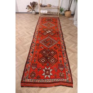 3.2x11 ft <b>Runner</b> Vintage Turkish Rug, <b>Red</b> Striped Wool Rug - Product Image 1