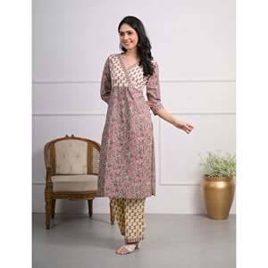 For Cream Purple Hand-Drawn <b>Block</b> <b>Printed</b> Cotton Pant Set of 2-Salwar Kameez - Product Image 3
