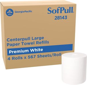 Recharges de distributeur de papier essuie-tout SofPull Centerpull, grand format, premium, blanc, 567 feuilles/rouleau, 4 rouleaux/boîte (28143) - Product Image 1