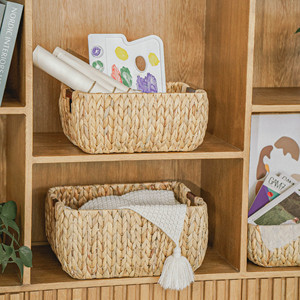 Set of 3 Foldable Water Hyacinth Woven <b>Baskets</b> Cotton Rope and Straw <b>Storage</b> <b>Basket</b> with <b>Wood</b> Handles for Kitchen Use - Product Image 2