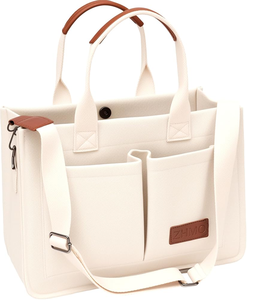 Stylish cream canvas tote with tan handles and pockets. Perfect for daily use. Available at wholesale prices. - Product Image 3