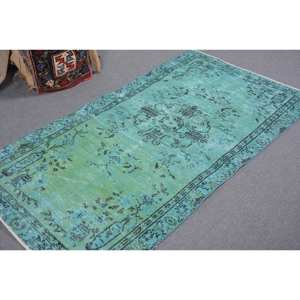 Tapis turc vintage 3.3 x 6.2ft bleu vert Patchwork Design laine tissage plat pour salon décor Latex soutenu - Product Image 2
