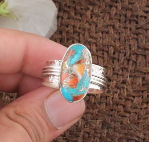 Bague en cuivre turquoise d'huître épineuse naturelle-Bague large en argent sterling 925 pour femme en gros faite à la main - Product Image 1