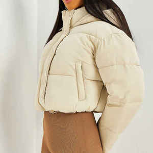 Custom Design Navy OEM Women's Puffer <b>Cropped</b> Hooded <b>Jacket</b> Full Drawstring Zip And Bubble <b>Jacket</b> Women's Winter Down <b>Jacket</b> - Product Image 4