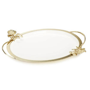 Elegante Plato de Servir Rectangular de Metal, Acabado Blanco, Asas con Diseño de Flores Doradas, para Servir Alimentos, Bodas, Hogar, Hotel - Product Image 1
