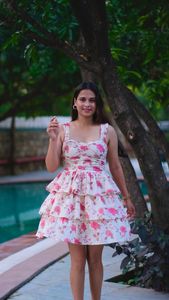 Mini vestido bohemio y elegante con estampado de bloques a mano para mujer, estampado floral y sólido en tela de algodón - Product Image 3