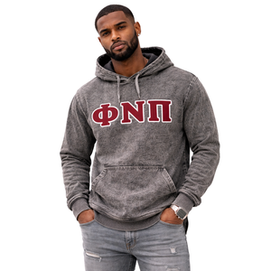 Phi Nu Pi <b>Black</b> Acid Wash Denim <b>Hoodie</b> Chenille Greek Letters Vintage Fraternity Streetwear - Product Image 1