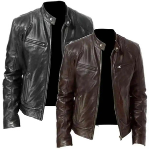 Men's Brown PU <b>Leather</b> Moto <b>Jacket</b> Slim Fit Zipper Closure Stand Collar Regular Sleeve Autumn Style - Product Image 5