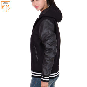 Vestes de baseball à capuche en cuir de laine noire pour femmes, respirantes, imperméables et coupe-vent, personnalisables en gros - Product Image 6