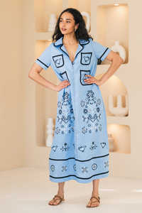 Luxueux Style bohème bleu robe de soirée Floral Maxi robe mexicaine broderie tissé travail pour Resort écologique à manches courtes - Product Image 2