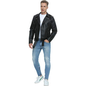 <b>Leather</b> Bomber Motorcycle <b>Jackets</b> for <b>Men</b> Faux Slim Fit Lapel Coat with Asymmetric Zip-Up & Belt Design - Product Image 1
