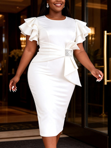 ADR060203 Abito <span class=keywords><strong>da</strong></span> <span class=keywords><strong>sposa</strong></span> <span class=keywords><strong>bianco</strong></span> a <span class=keywords><strong>tubino</strong></span> con colletto a girocollo, maniche a volant e decorazioni con strass e fiocco - Product Image 2