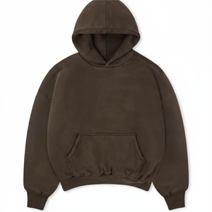 Sweat à capuche surdimensionné pour homme en tissu polaire doux, couleur marron uni, effet délavé, avec poche kangourou. - Product Image 1