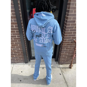 Full <b>Zip</b> <b>up</b> <b>Hoodies</b> and Flared Stacked Sweatpants Two Piece Tracksuit Set Customize Cotton Puff Print Women Unisex Sweatsuit Men - Product Image 5