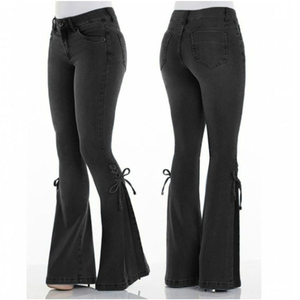 Women Fashion Wholesale Flared Tied <b>Lace</b>-Up Trousers Solid Color Denim Jeans with Pockets Skinny Fit and Middle Waist Pants - Product Image 1
