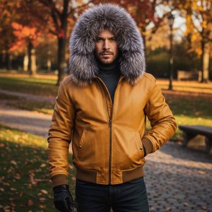Blouson aviateur en cuir pour homme avec capuche en fourrure de renard, motif à carreaux respirant, veste de moto pour l'été - Product Image 5