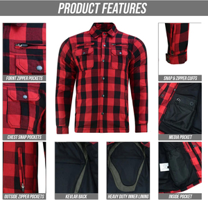 Red Men Motorcycle Flannel for Biker <b>Shirt</b> Plaid Removable Sporty Armored Zipper Snap Closure Plus Size Breathable Windproof - Product Image 6