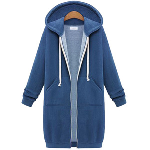 Venta al por mayor de las mujeres Casual sólido bolsillo cremallera con capucha polar túnica sudadera Chaqueta larga encaje cálido Otoño Invierno desgaste - Product Image 2