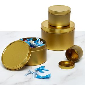 Boîte en fer blanc ronde profonde dorée, capacité 200ml-500ml, impression offset, finition mate, bouchon à vis pour le stockage de bonbons, chocolat, menthe - Product Image 1