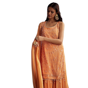 Ingrosso Arancione Georgette Sharara Tuta con Ricamato Kurta Dupatta per la Festa di Nozze Indossare la Festa di Ricezione e gli Ordini Personalizzati - Product Image 2