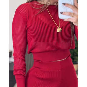 Jane's Women's Long Sleeve Round Neck Transparent Detail Knitted Blouse and Pants <b>Two</b>-<b>Piece</b> <b>Set</b>, Casual Solid Color Outfit - Product Image 5