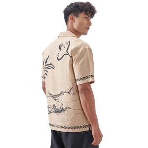 Men's Beige Short Sleeve Casual Shirt Hand Drawn Castle Print Turn-Down Collar 100% Cotton Poplin Summer Wear - Product Image 4