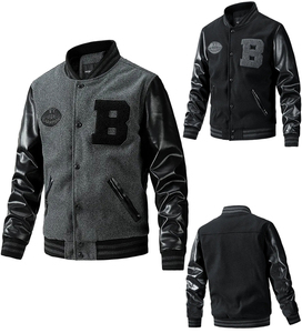 แจ็กเก็ตเบสบอลทีมโรงเรียนมีตัวอักษรคอตั้งและโลโก้ด้านหน้าสำหรับผู้ชายย้อมสีเรียบใส่ได้ตามต้องการ - Product Image 1