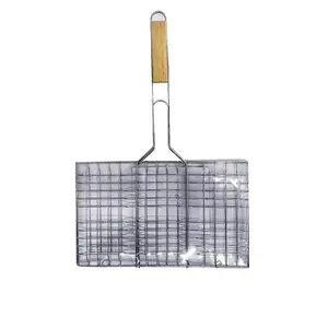 OEM BBQ Tools Portable Non-stick Easily Cleaned 52cmx22x35cm Chrome Color Stainless Steel BBQ Grill Net With Handle