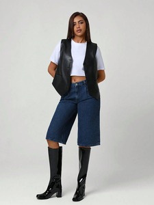 Chaleco de Cuero PU Negro Holgado Informal Vintage para Mujer, Estilo Minimalista Otoño Invierno para Uso Diario, Chaqueta sin Mangas con Cuello en V - Product Image 3