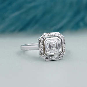 Asscher Cut <b>Diamond</b> Halo Engagement <b>Ring</b> in White Gold with Bezel Set <b>Diamond</b> <b>Rings</b> Product Category - Product Image 2